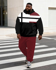 Big & Tall Men's Wine Red Contrast Geometric Print Hoodie Set