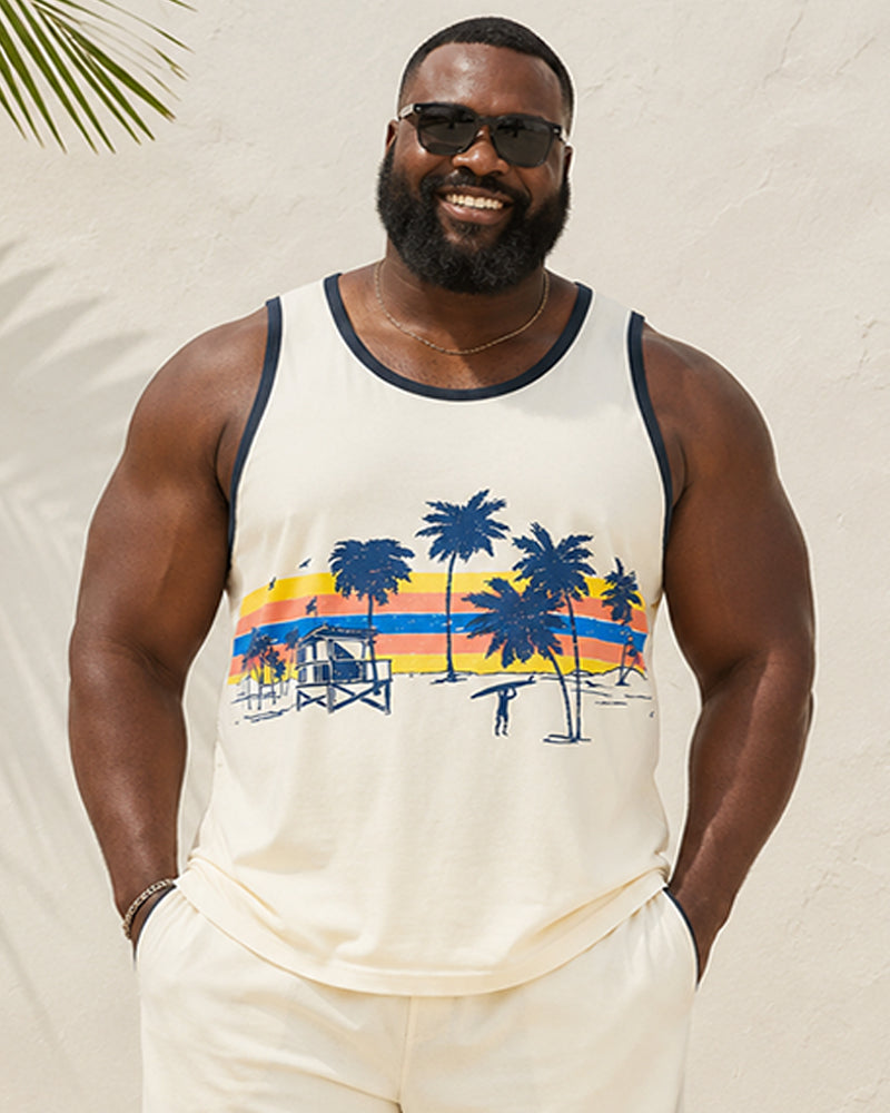 Big & Tall Men's Off-White Coconut Beach Print Tank Shorts Set
