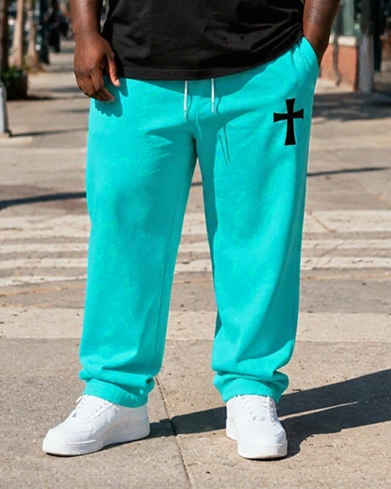 Big & Tall Men's Black And Blue Contrast Cross Printed T-Shirt Pants Set