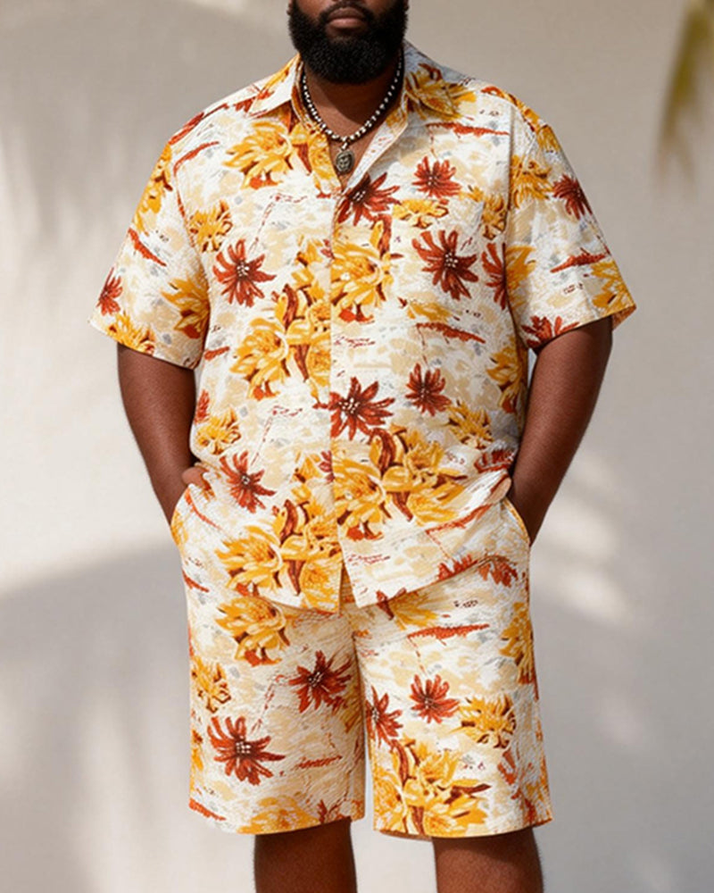 Big & Tall Men's Warm Autumn Leaf Printed Short Sleeve Shirt And Shorts Set