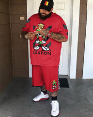 Big & Tall Men's Red Cartoon Character Letter Print Round Neck Short Sleeve T-Shirt Shorts Set