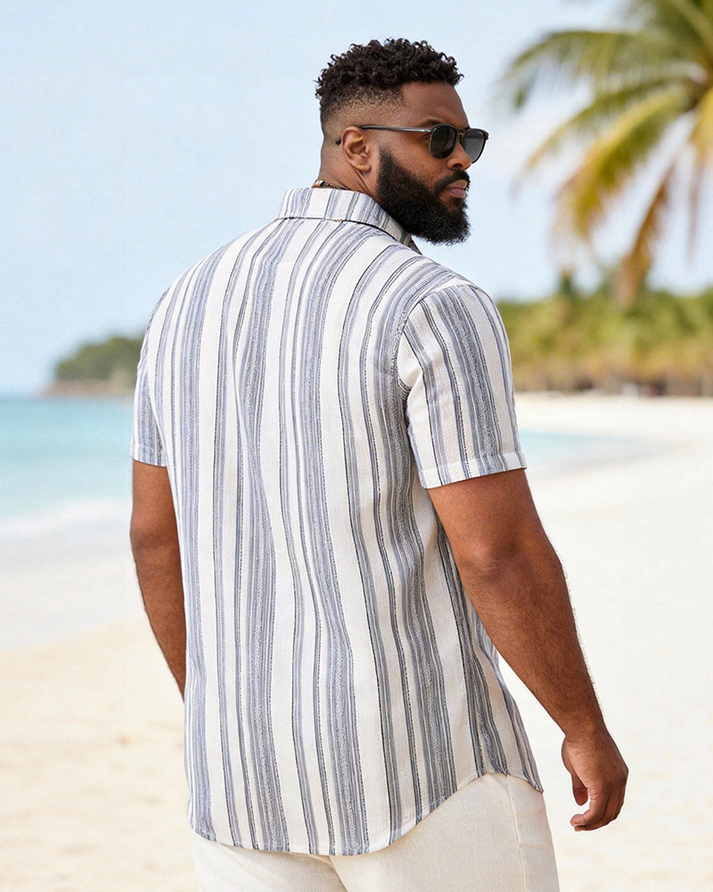 M-3XL Retro Texture Striped Casual Short Sleeve Shirt