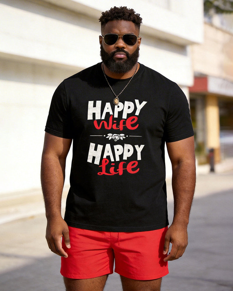 Big & Tall Men's "Happy Wife Happy Life" Printed Round Neck Short Sleeve T-Shirt Shorts Set