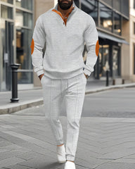 Big & Tall Men's Waffle Half Zipper Stand Collar Long Sleeve Trousers Set S-3XL