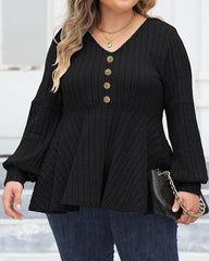 Women's Large Solid Color Striped V-neck Gold Button T-shirt L-5XL