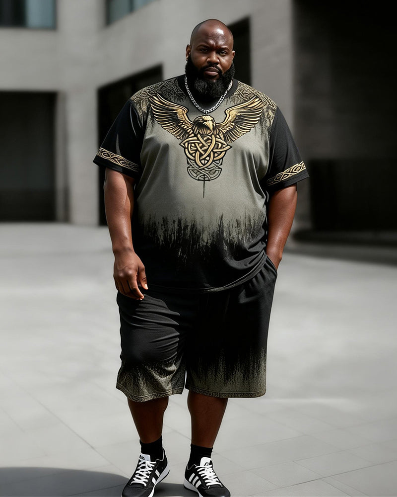 Big & Tall Men's Eagle Totem Gradient Print Crewneck Short-Sleeve T-Shirt And Shorts Set