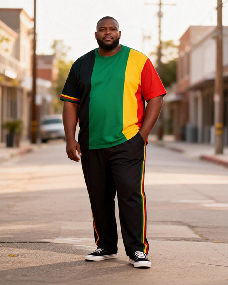 Big & Tall Men's Pan-African Four-Color Vertical Print T-Shirt Pants Set