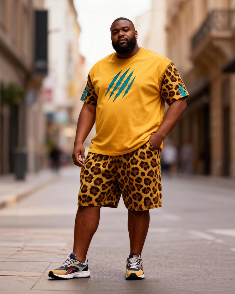 Big & Tall Men's Yellow Leopard Stitching Printed Crew Neck Short Sleeve T-shirt Shorts Set