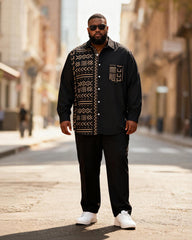 Big & Tall Men's Black Brown Pattern Asymmetric Stitching Printed Long Sleeve Shirt Pants Set