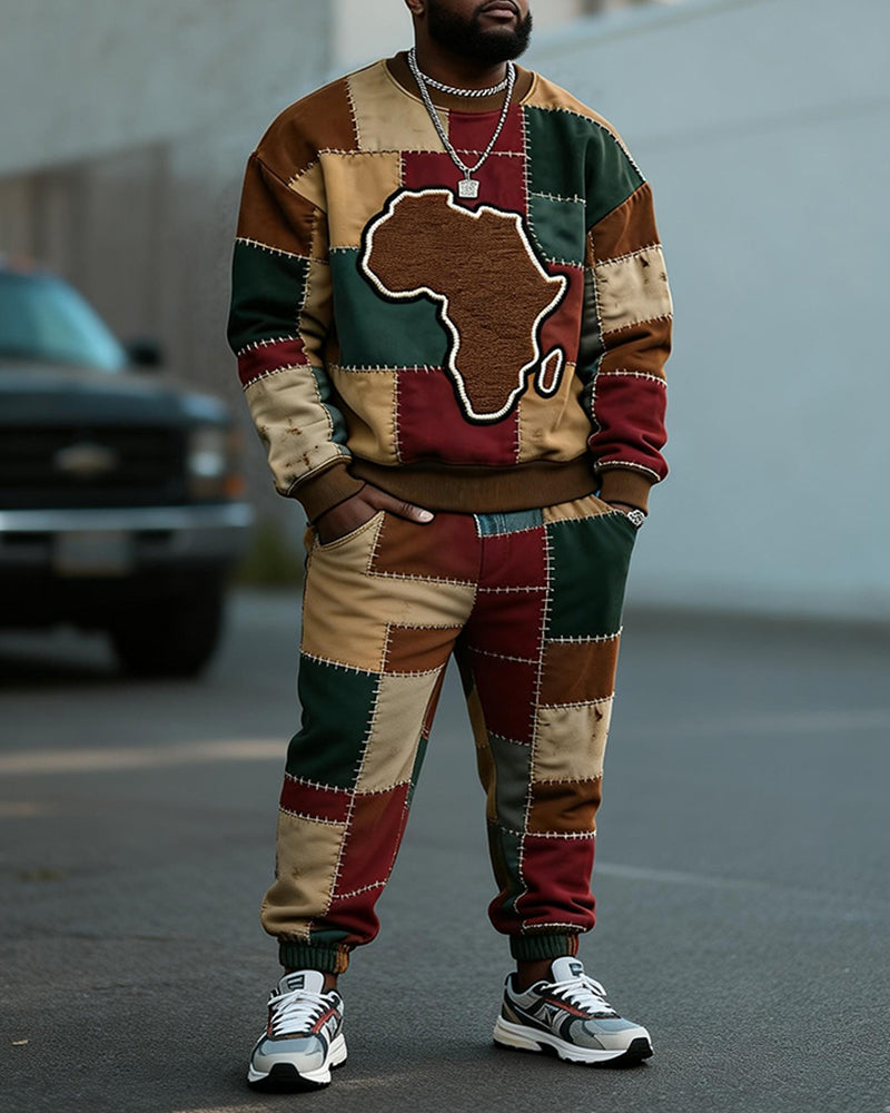 Big & Tall Men's African Map Patchwork Printed Round Neck Sweatshirt Set