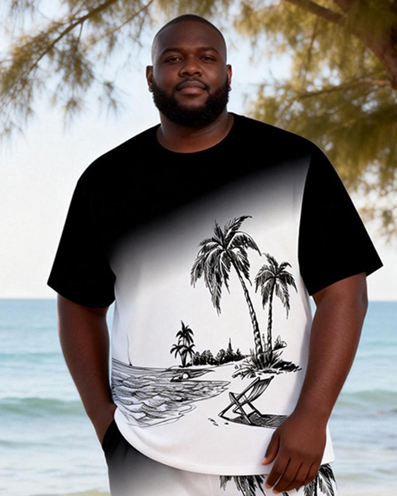 Big & Tall Men's Black And White Hand Painted Beach Printed Round Neck Short Sleeve T-Shirt Shorts Set