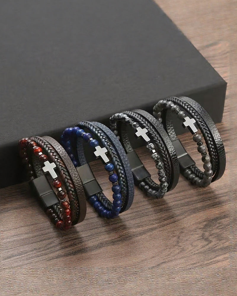 Cross Multi-Layer Black Gallstone Woven Tiger's Eye Grinding Stone Bracelet
