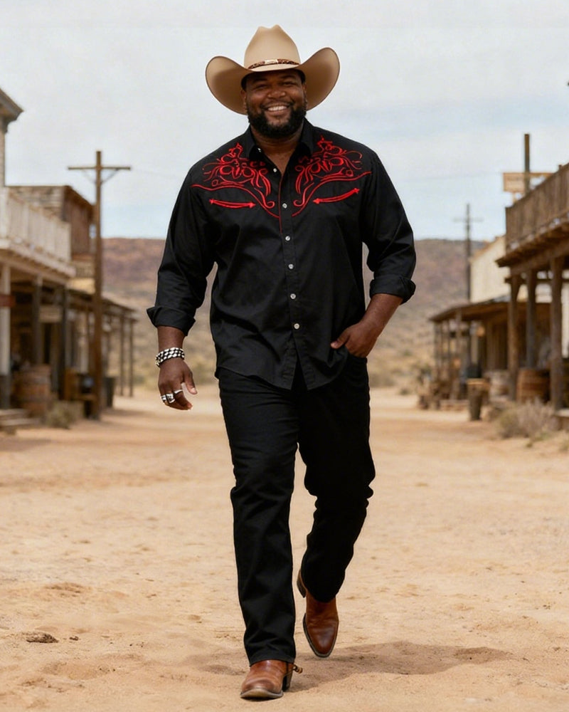 Big & Tall Men's Western Black And Red Totem Print Long Sleeve Shirt Pants Set