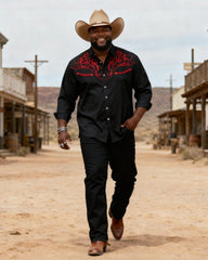 Big & Tall Men's Western Black And Red Totem Print Long Sleeve Shirt Pants Set