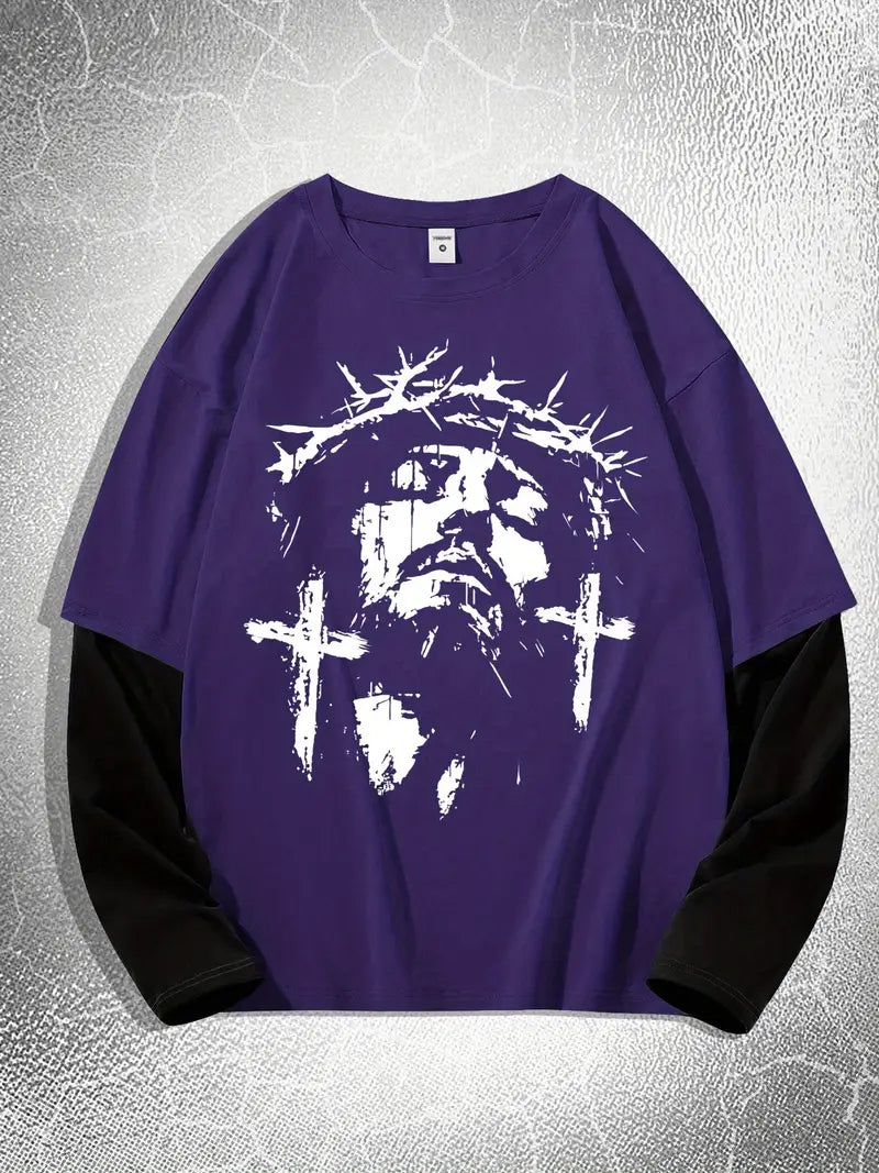 Big & Tall Men's Religious Thorn Head Printed Fake Two Long Sleeve T-Shirts