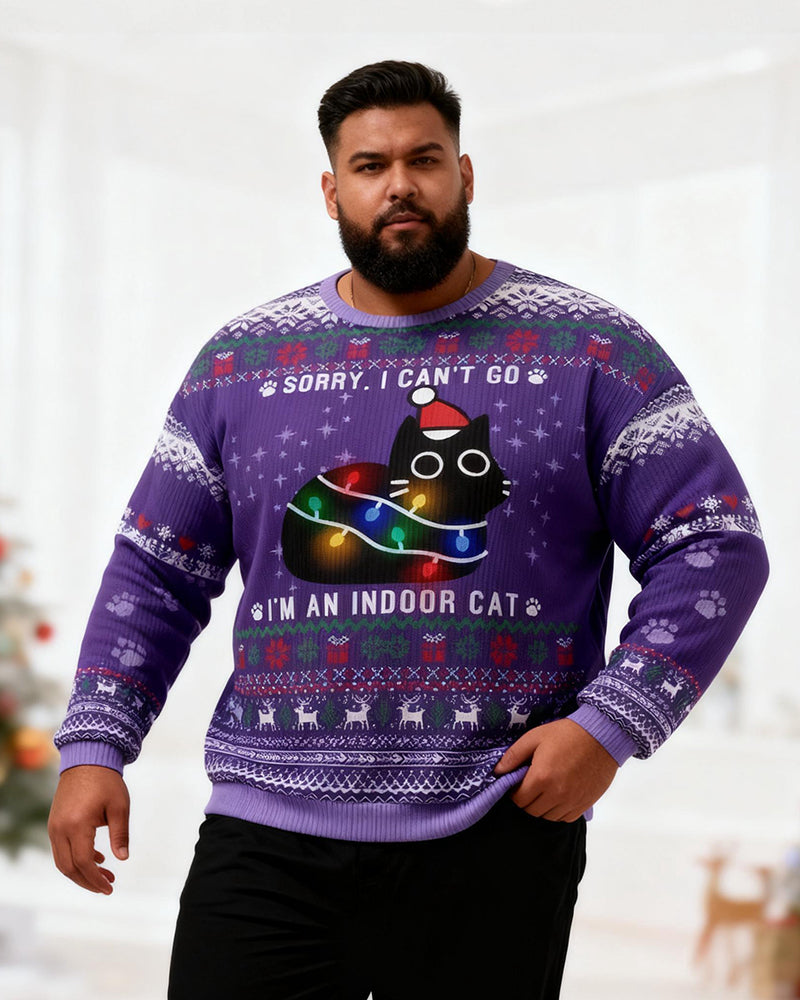 Big & Tall Men's Christmas Purple Cat Graffiti Print Crewneck Ugly Sweater