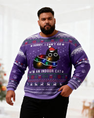 Big & Tall Men's Christmas Purple Cat Graffiti Print Crewneck Ugly Sweater