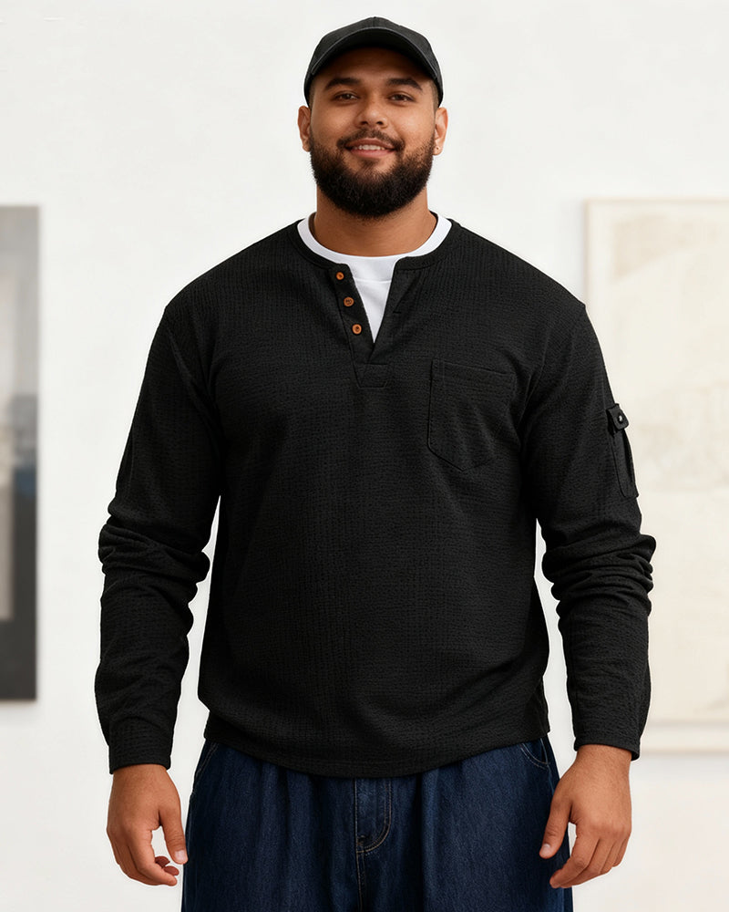 Big & Tall Men's Solid Color Fake Two-Piece V-Neck Waffled Long-Sleeved T-Shirt S-2XL