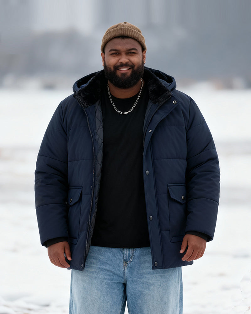 Big & Tall Men's Solid Color Padded Hooded Long Cotton-padded Jacket Coat M-8XL