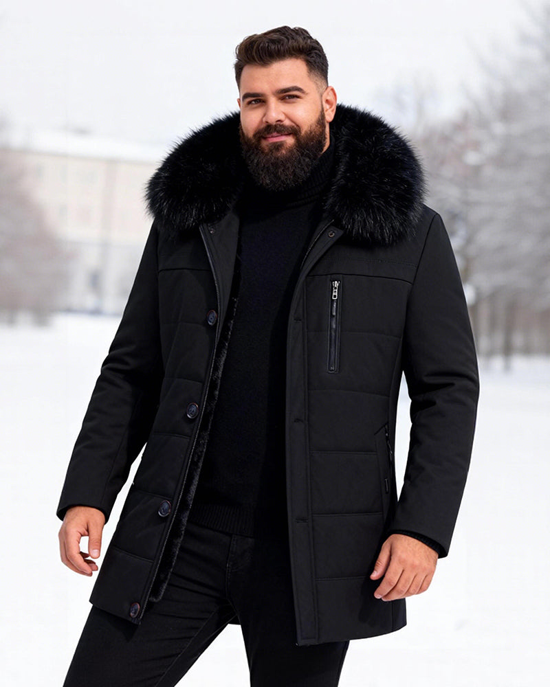 Big & Tall Men's Fur Collar Padded Camel Wool Coat