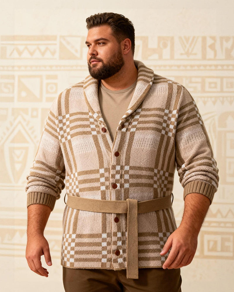 Big & Tall Men's Retro Mid-length Classic Plaid Jacquard Cardigan Sweater Coat M-3XL
