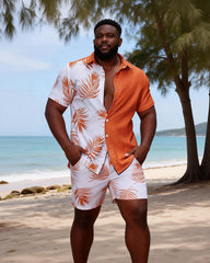 Big & Tall Men's Orange And White Palm Contrast Printed Short Sleeve Shirt Shorts Set