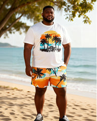 Big & Tall Men's Sunset Coconut Tree Holiday Printed Round Neck Short Sleeve T-Shirt Shorts Set