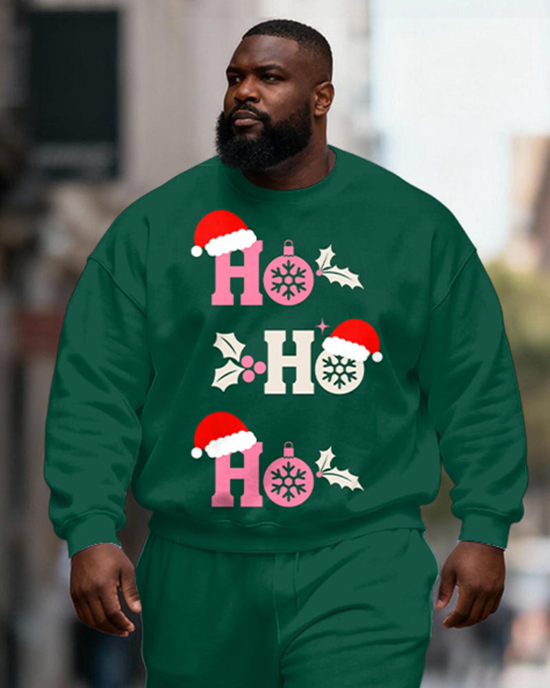Big & Tall Men's Green "HO HO HO" Christmas Hat Printed Crewneck Sweat Set
