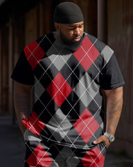 Big & Tall Men's Black And Red Classic Diamond Print T-Shirt Pants Set