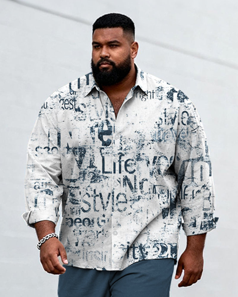 Big & Tall Men's Business Graffiti Letter Print Long Sleeve Shirt Pants Set