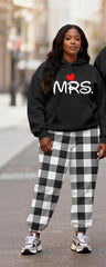 Big & Tall Couples MR & MRS Love Logo Black Plaid Printed Hoodie Set
