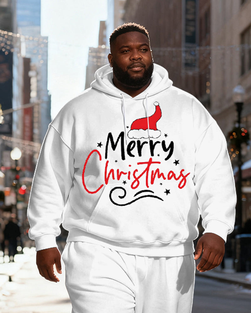 Big & Tall Men's White "Merry Christmas" Christmas Hat Print Hoodie Set