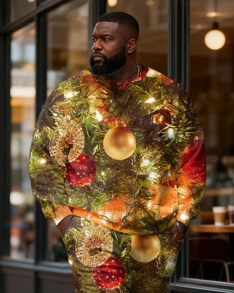 Big & Tall Men's Christmas Branch Decorative Ball Printed Round Neck Sweat Set