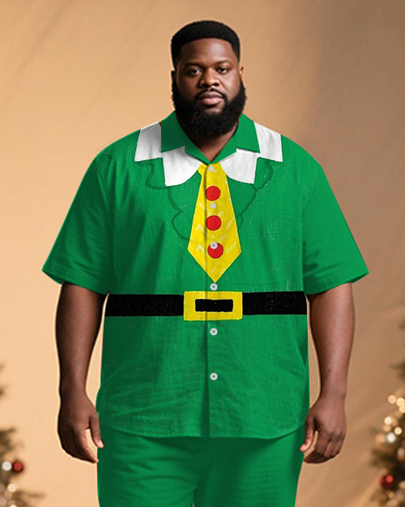 Big & Tall Men's Christmas Elf Tie Cosplay Printed Short Sleeve Shirt Trousers Suit