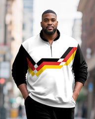 Big & Tall Men's Black, Red And Yellow Striped Contrast Printed POLO Collar Zipper Long Sleeve Pants Two-piece Set