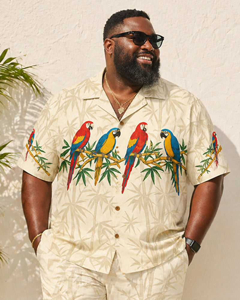 Big & Tall Men's Retro Parrot And Bamboo Print Short-Sleeve Shirt And Shorts Set