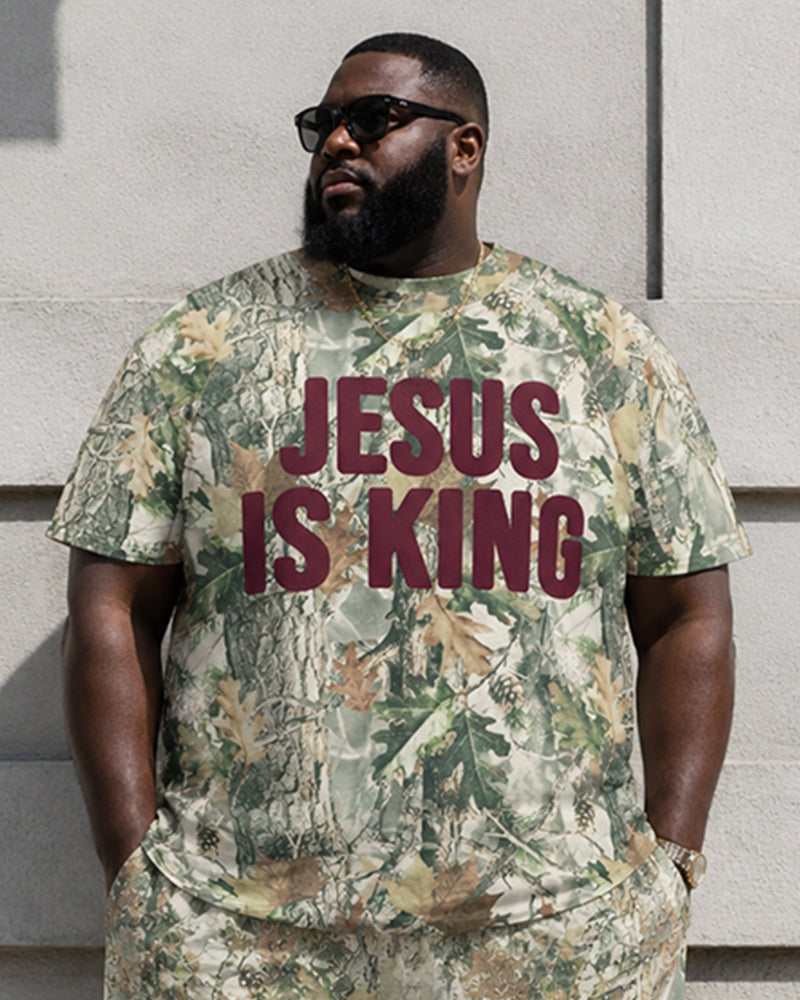 Big & Tall Men's Jungle Leaf Camouflage JESUS IS KING Printed Round Neck Short Sleeve T-Shirt Shorts Set