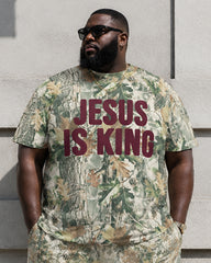 Big & Tall Men's Jungle Leaf Camouflage JESUS IS KING Printed Round Neck Short Sleeve T-Shirt Shorts Set