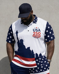 Big & Tall Men's Statue Of Liberty USA250 Printed POLO Short Sleeve Shorts Set