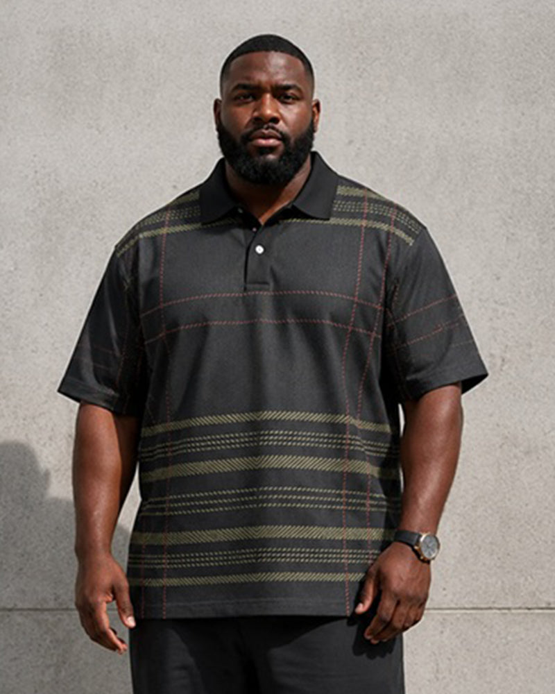 Big & Tall Men's Dark Plaid Print Polo Short Sleeve Pants Set