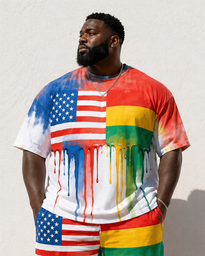 Big & Tall Men's Reggae Color Drip American Flag Printed Round Neck Short Sleeve T-Shirt Shorts Set
