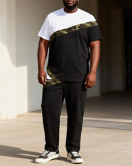 Big & Tall Men's Black And White Camouflage Patchwork Printed T-Shirt Pants Set