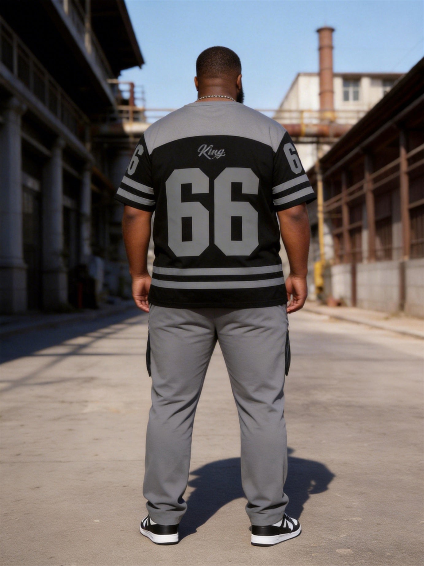 Big & Tall Men's Grey-Black Colorblock 66 Printed T-Shirt Pants Set
