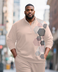 Big & Tall Men's Pink Geometric Print POLO Collar Zipper Long Sleeve Pants Two-Piece Set