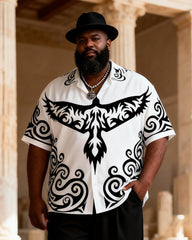 Big & Tall Men's Black And White Phoenix Totem Print Short Sleeve Shirt Pants Set