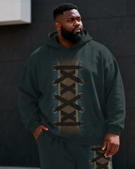 Big & Tall Men's Dark Green Contrast Strap Decorative Printed Hoodie Set