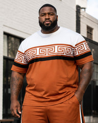 Big & Tall Men's Orange And White Contrast Stitching Printed Crew Neck Short Sleeve T-shirt Shorts Set