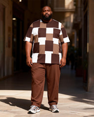 Big & Tall Men's Brown And White Checkerboard Printed T-Shirt Pants Set