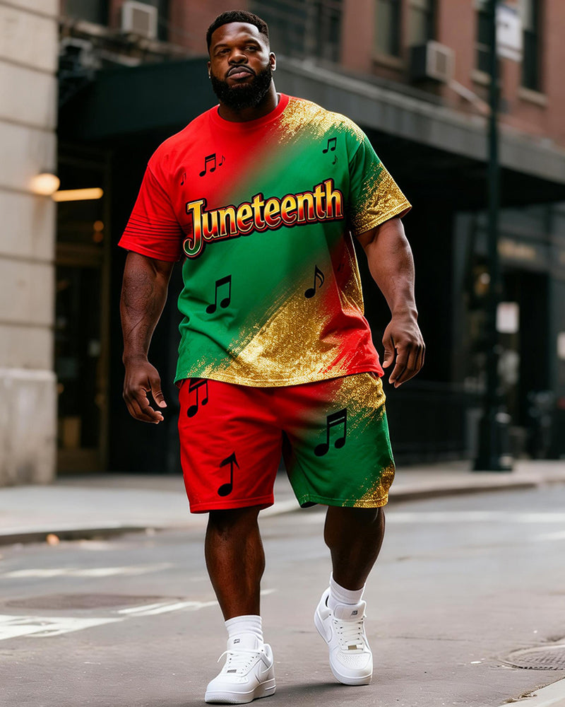 Big & Tall Men's Juneteenth Note Gold Powder Gradient Printing Round Neck Short Sleeve T-shirt Shorts Set