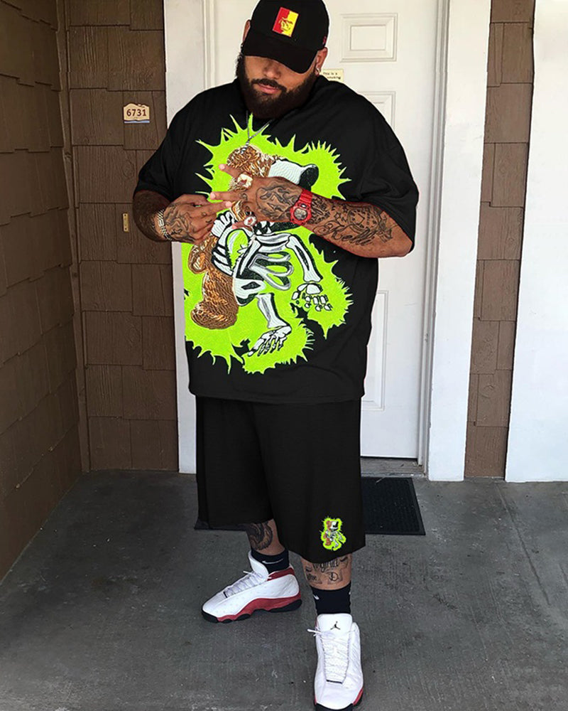 Big & Tall Men's Distressed Grey Spades Print Round Neck Short Sleeve T-Shirt Shorts Set